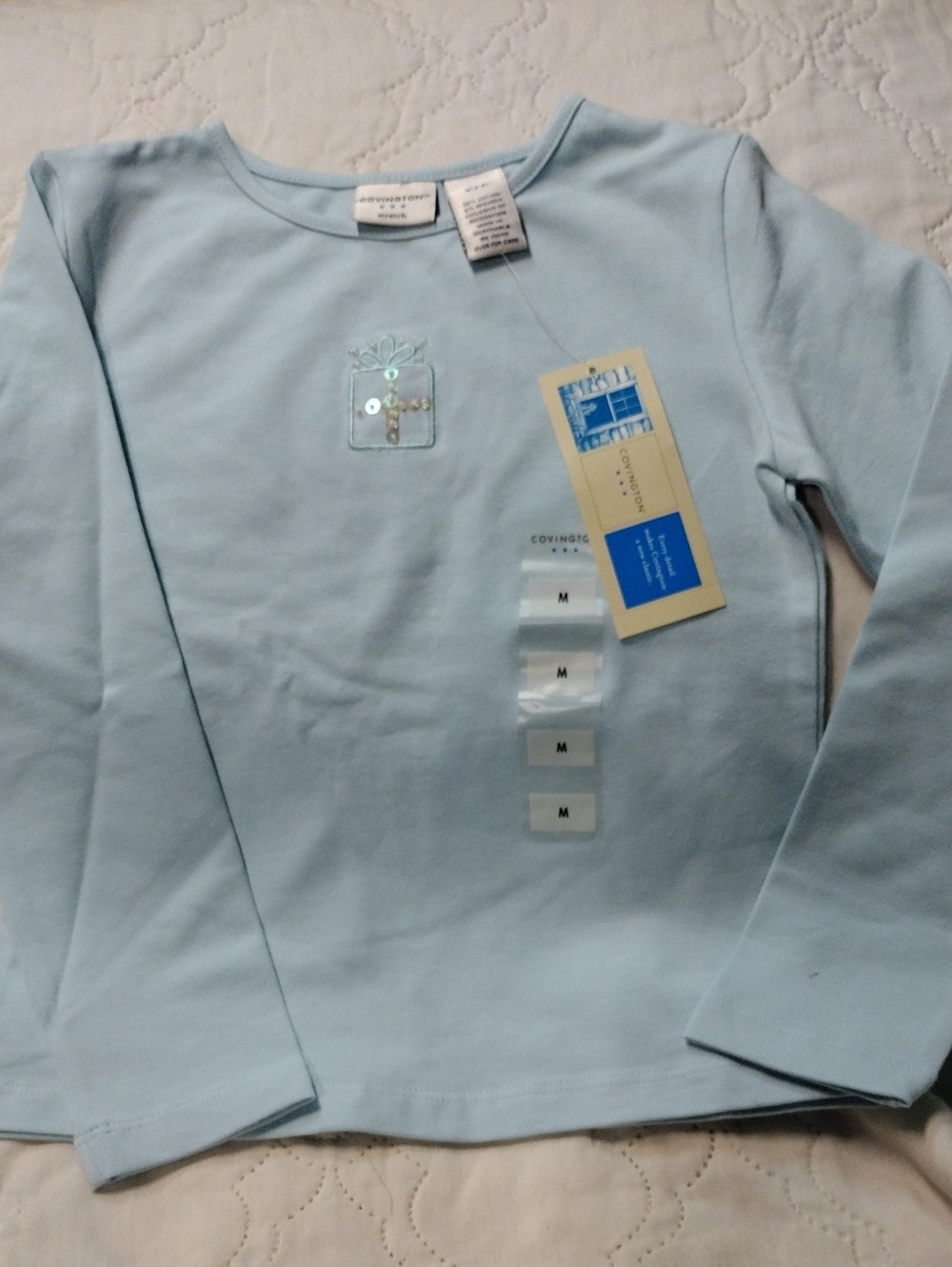 Covington Sky Blue Long Sleeve Kids Tee with Subtle Embroidery